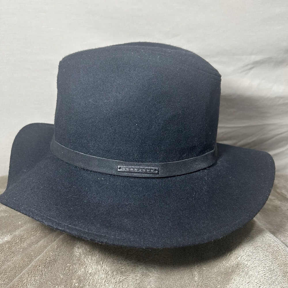 Sean John Mens Black Fedora Hat Size L/XL Wide Brim Wool Blend Metal‎ Logo